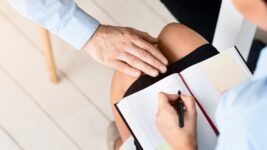 Man with his hand on woman's bare knee in a skirt in the workplace.